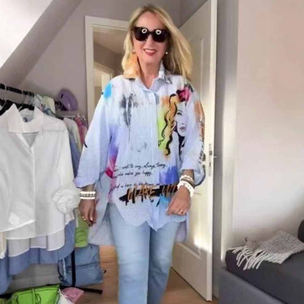 Women's elegantly printed loose-fitting shirt blouse with pop art motif and pinstripes StylebySassy