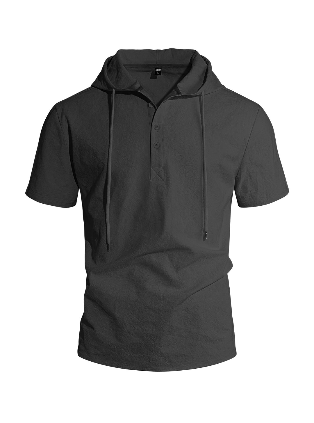 Men's short-sleeved hooded Henley made of slub cotton with concealed button placket and drawstring StylebySassy