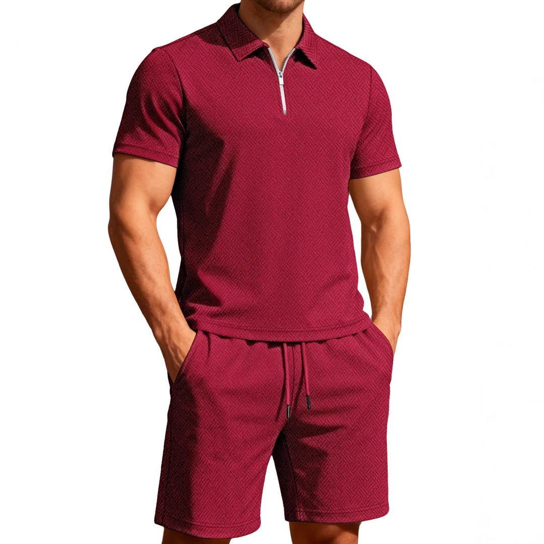 Men's comfortable lounge two-piece set made of structured cotton blend with half-zip polo shirt and drawstring shorts StylebySassy