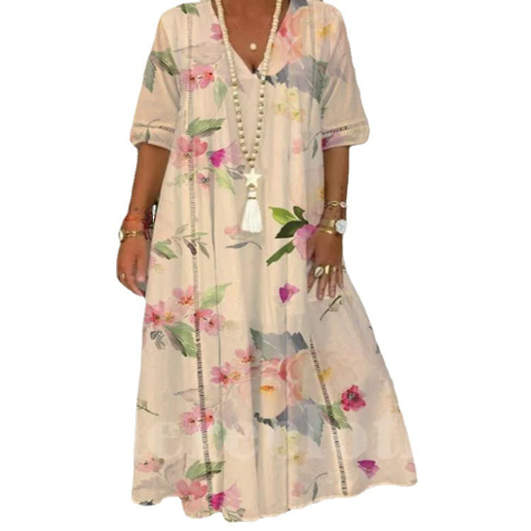 Ladies nan locker flowing Kaftan midimax dress with V-neck, openwork panels and lightweight linen blend quality StylebySassy