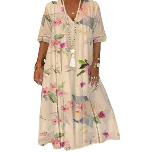 Ladies nan locker flowing Kaftan midimax dress with V-neck, openwork panels and lightweight linen blend quality StylebySassy