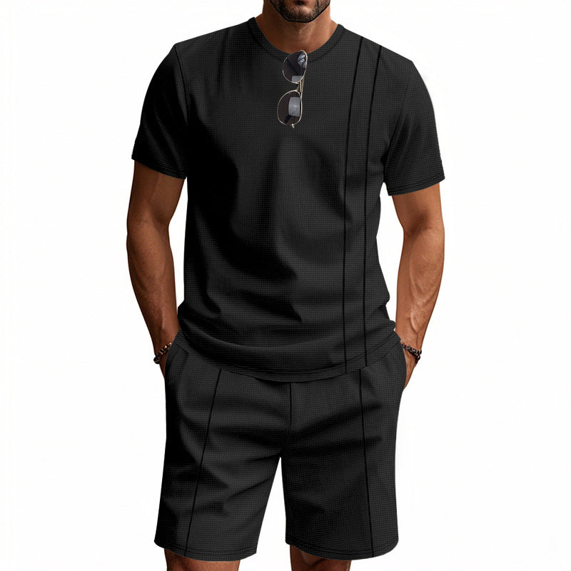 Men's urban waffle jersey ensemble with contrasting decorative seams and loose Bermuda fit StylebySassy