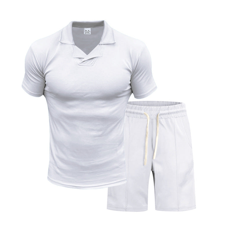 Men's short-sleeved polo lounge set with V-insert at the collar and drawstring bermuda StylebySassy