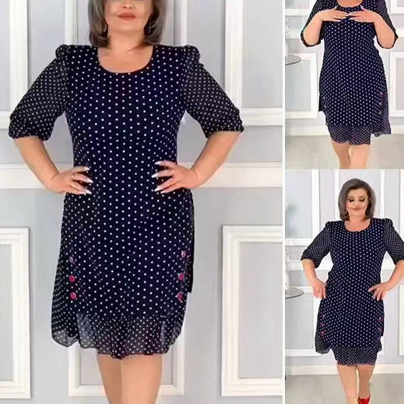 Women's Chiffon Midi Dress with Polka Dot Pattern, Half-Length Puff Sleeves, Side Floral Embroidery, and Gathered Ruffled Hem StylebySassy