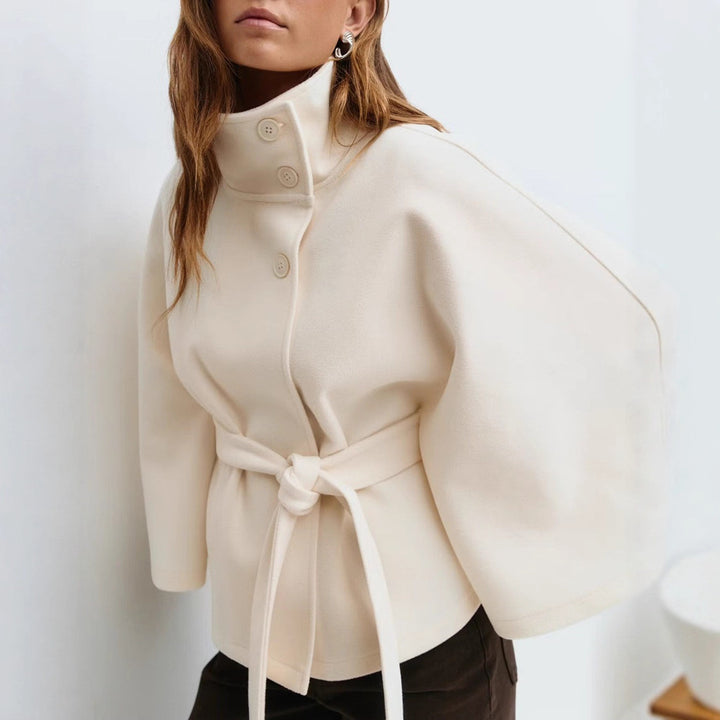 Women's oversized wool cape coat with stand-up collar and tie belt StylebySassy