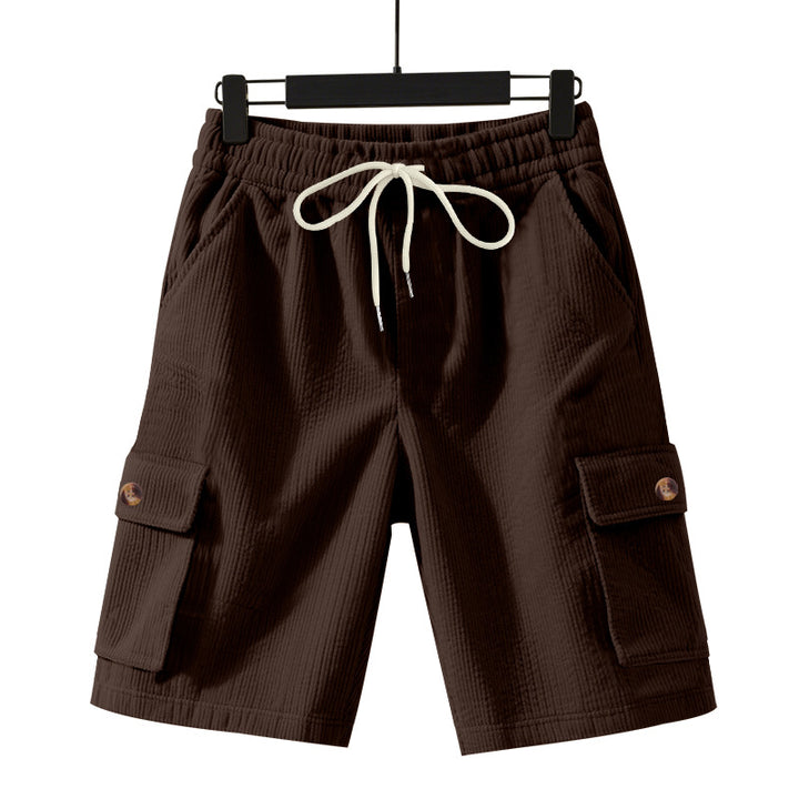 Men's cord cargo shorts with elastic drawstring waistband, patch cargo pockets, and soft cotton blend StylebySassy