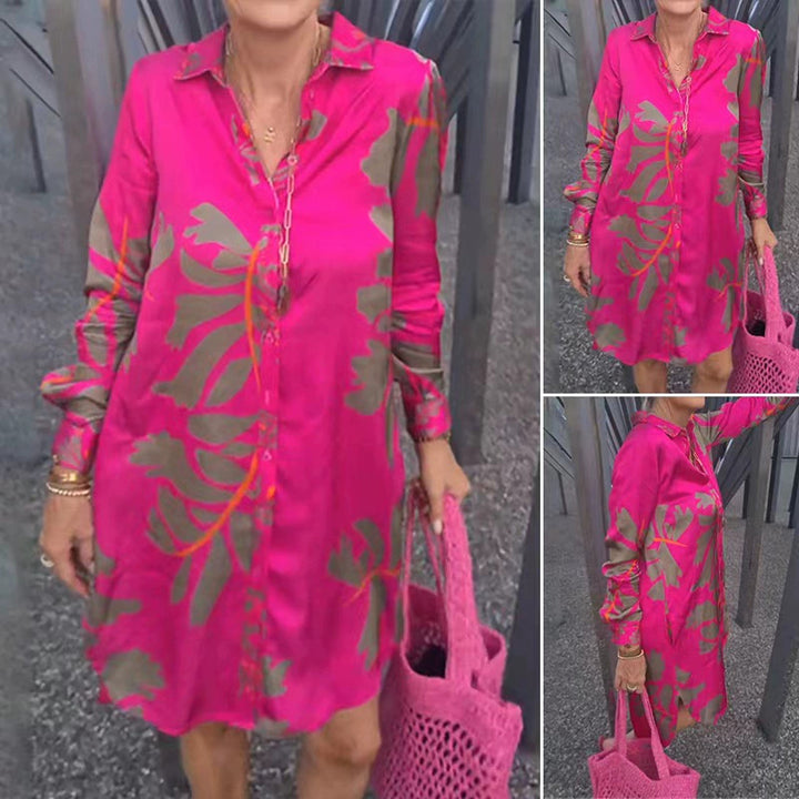 Women's short tunic shirt dress in satin look with large leaf print, shirt collar and loose A-line StylebySassy