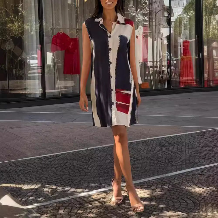 Women's sleeveless shirt tunic dress with collar, full button placket and graphic block print StylebySassy