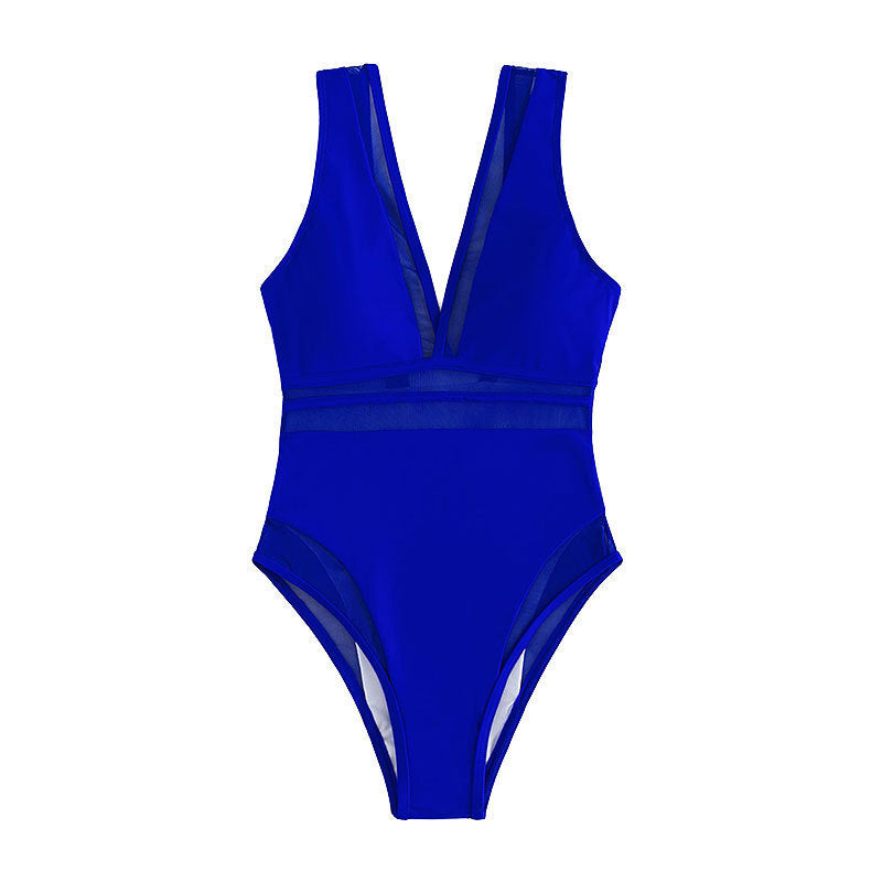 Women's one-piece swimsuit with deep V-neck and transparent inserts StylebySassy