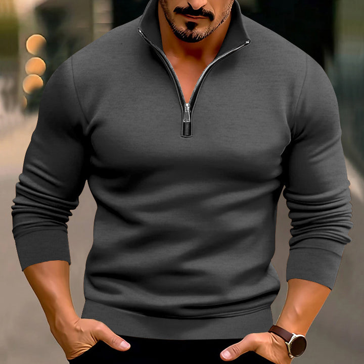 Men's fitted fine knit pullover with short zipper and stand-up collar StylebySassy