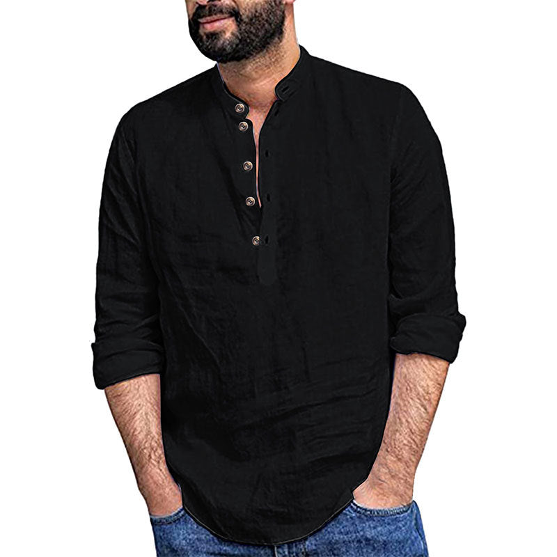 Men's relaxed long sleeve Henley shirt made of breathable linen blend with stand-up collar StylebySassy