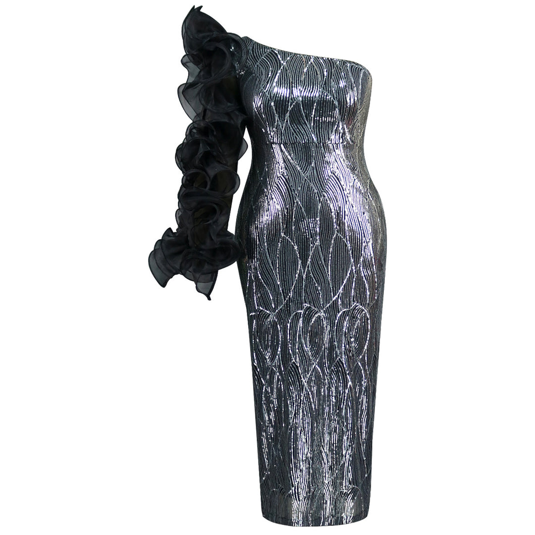 Women's Glittering Evening Dress with Asymmetrical Cut and Voluminous Ruffle Details StylebySassy