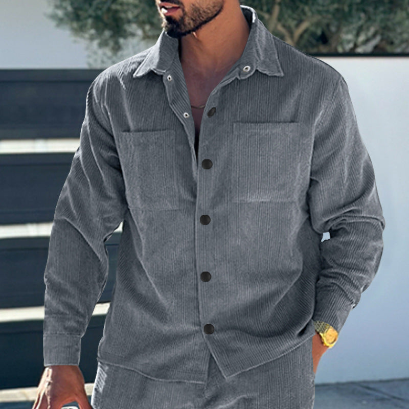 Men's padded corduroy overshirt jacket with visible button placket and chest welt pockets StylebySassy