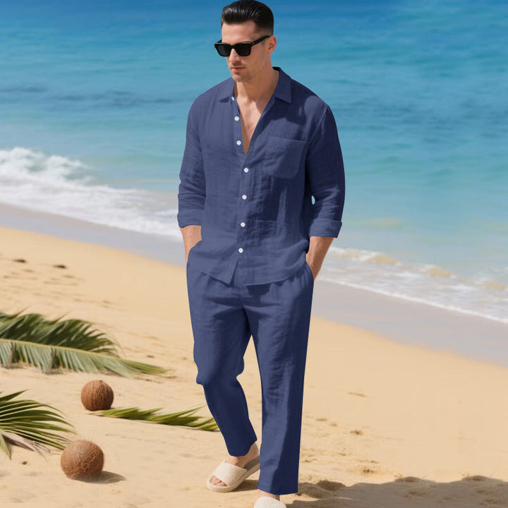 Men's lightweight linen outfit with stylish shirt and elegant pants StylebySassy