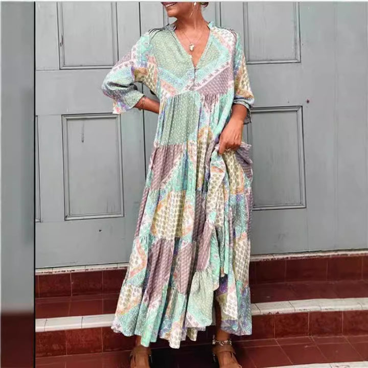 Women's nan Patchwork tiered maxi dress with V-neck, partial button placket, gathered yoke and side pockets StylebySassy