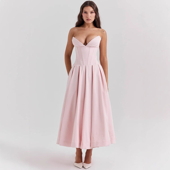 Women's strapless corset midi dress with pre-shaped bodice construction and flared circle skirt StylebySassy