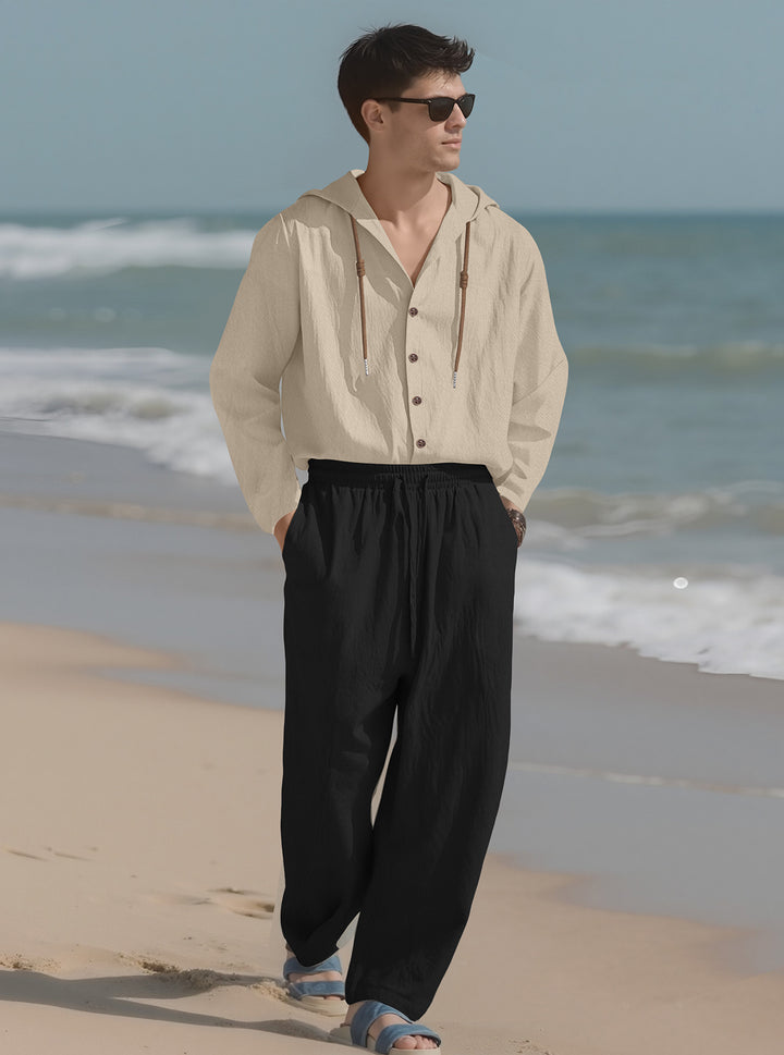 Men's casual hoodie shirt with continuous button placket, decorative drawstring, and relaxed fit StylebySassy