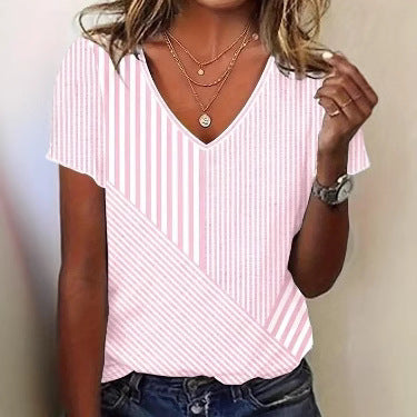 Women striped V-neck blouse with asymmetrical stripe mix and short sleeves StylebySassy