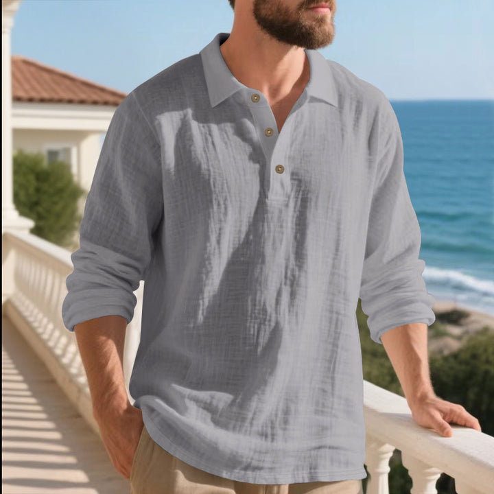 Men's casual linen henley shirt with polo collar and triple button placket StylebySassy