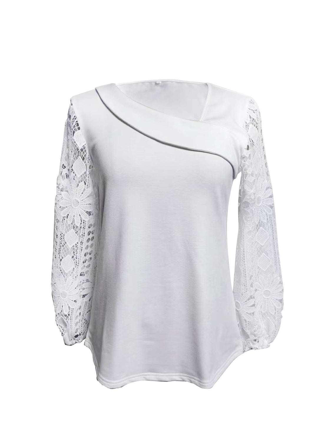Ladies nan tunic top with asymmetrical waterfall yoke and floral lace balloon sleeves StylebySassy