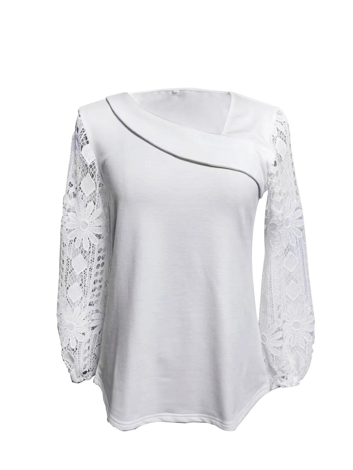 Ladies nan tunic top with asymmetrical waterfall yoke and floral lace balloon sleeves StylebySassy