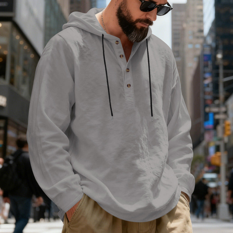 Men's lightweight hooded shirt with button placket made of linen blend and relaxed fit StylebySassy
