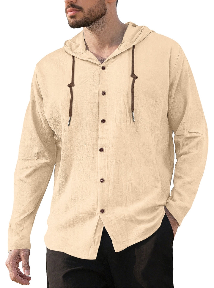 Men's hooded shirt in linen look with button placket and drawstring StylebySassy