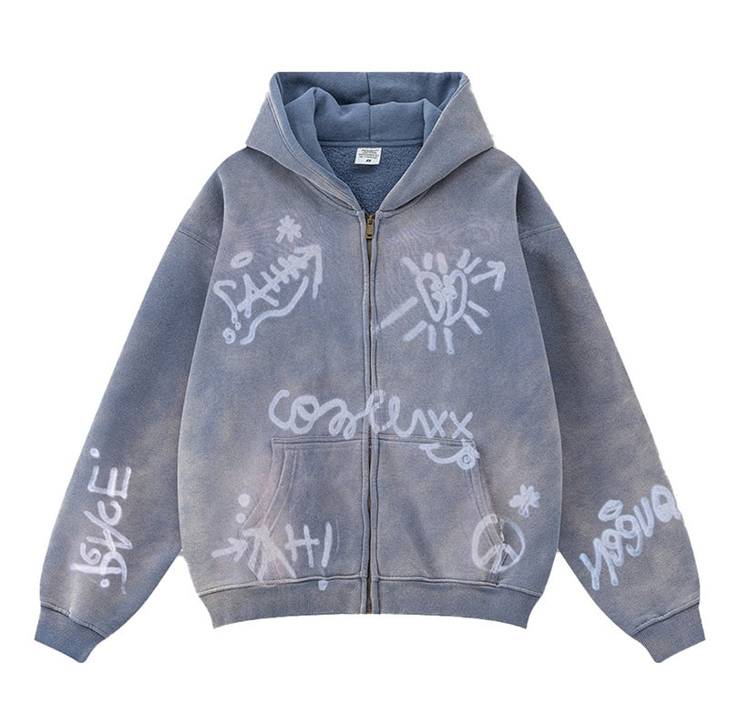 Unisex oversized hoodie jacket with full-length zipper, brushed fleece lining, and hand-like spray print StylebySassy