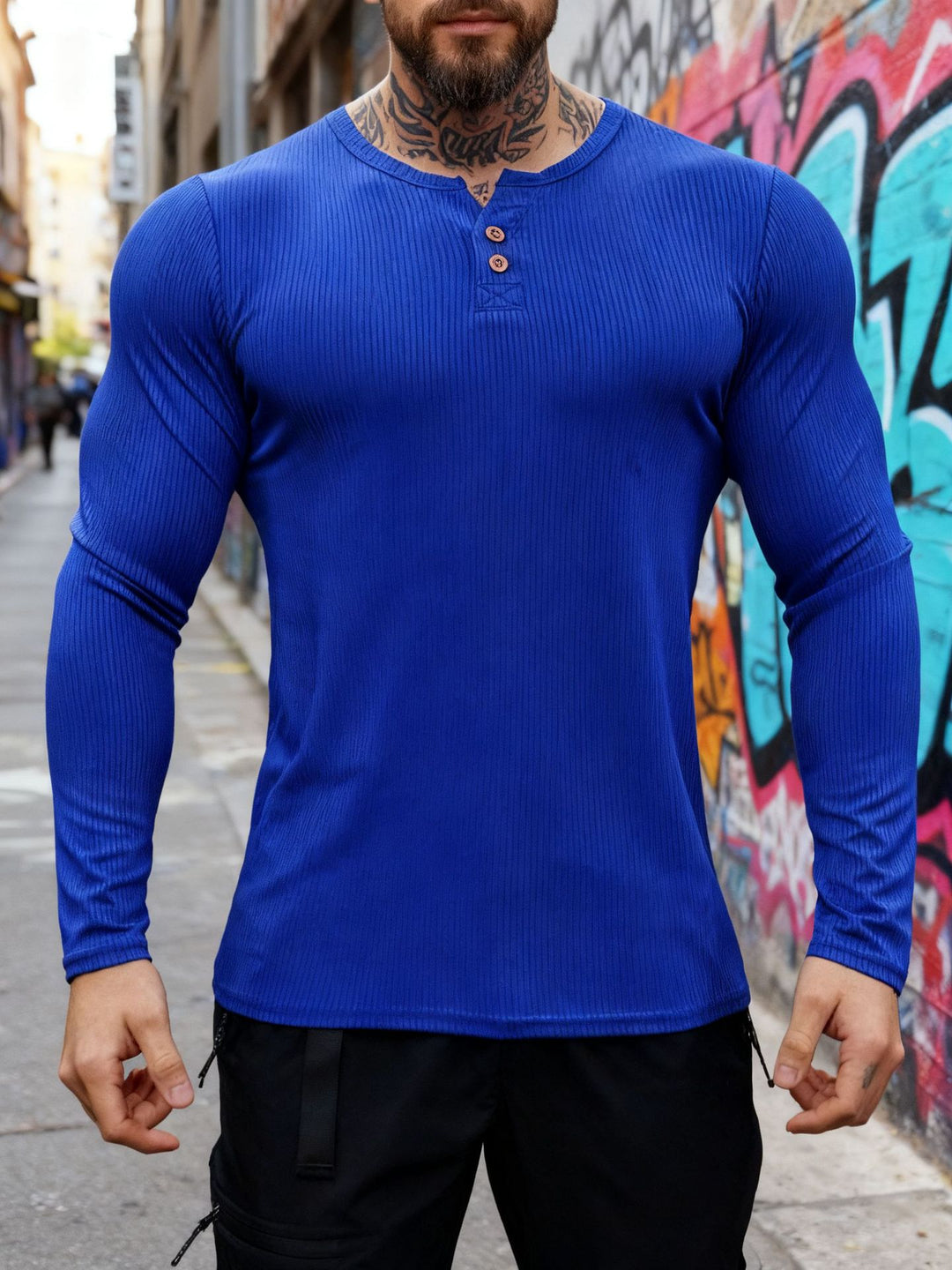 Men's ribbed long-sleeve Henley shirt with flat button placket and fitted stretch fit StylebySassy