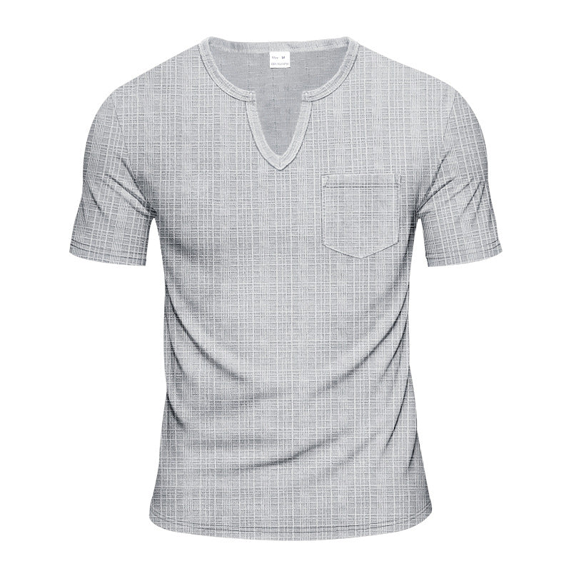 Men's short-sleeved shirt with slit V-neck structured linen look and patch chest pocket StylebySassy