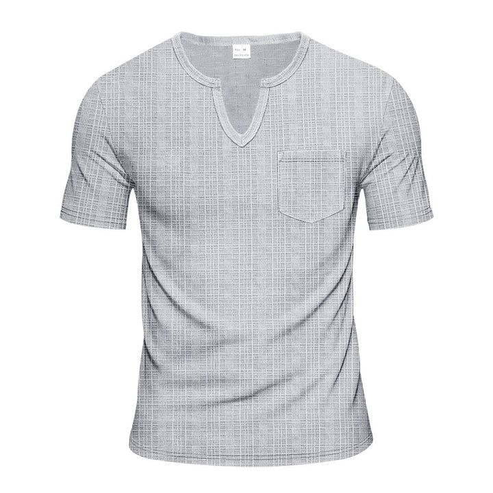 Men's short-sleeved shirt with slit V-neck structured linen look and patch chest pocket StylebySassy