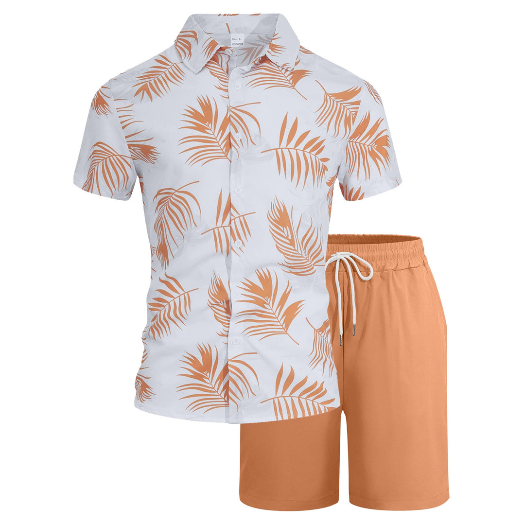 Men's vacation set with short-sleeved lapel shirt in palm print and elastic drawstring bermuda StylebySassy