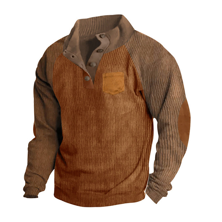 Men's structured half-button knit pullover in cord look with raglan sleeves, front chest pocket, and elbow patches StylebySassy