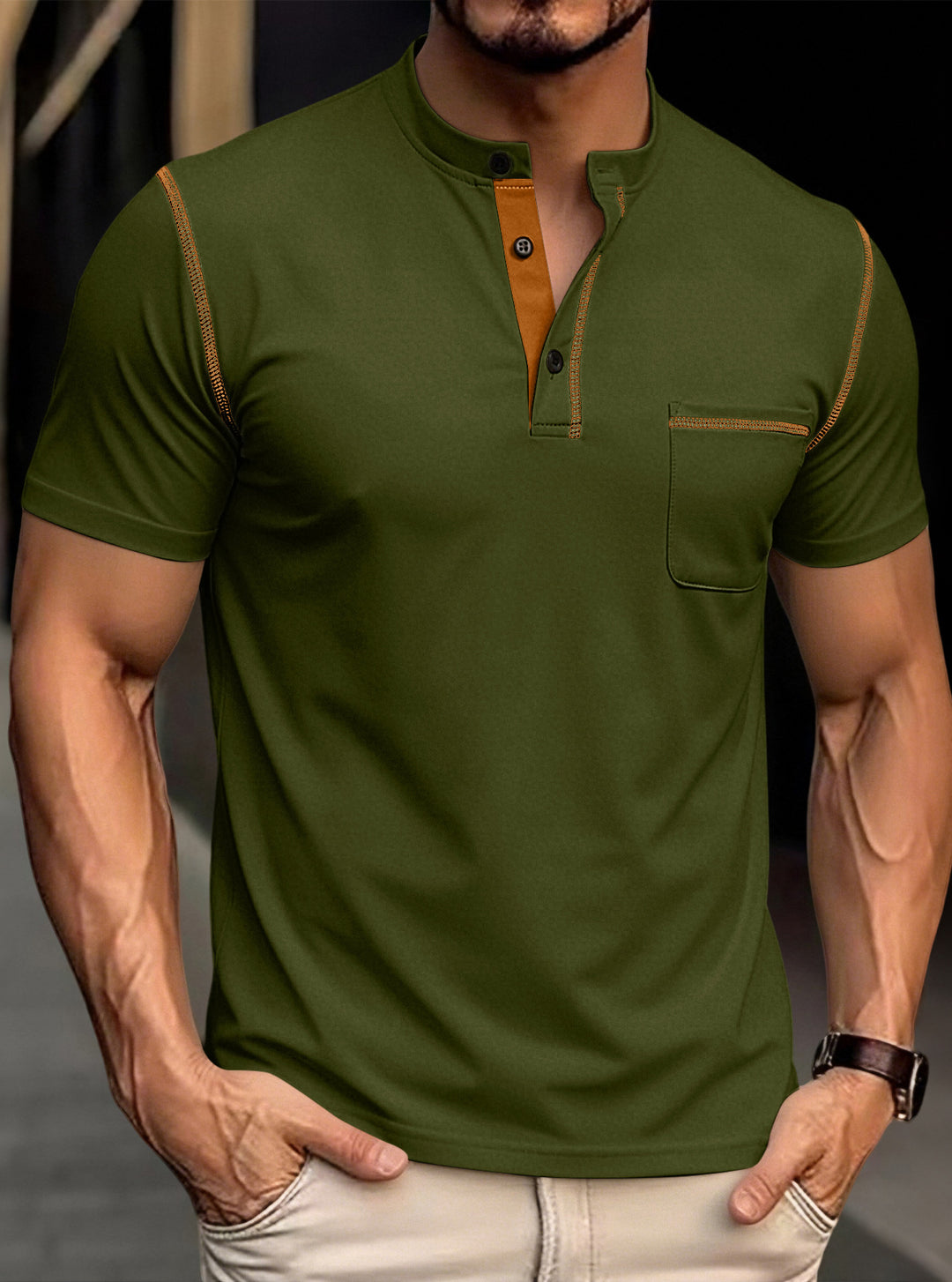 Men's modern short-sleeve Henley with stand collar, contrast stitching, and patch chest pocket StylebySassy