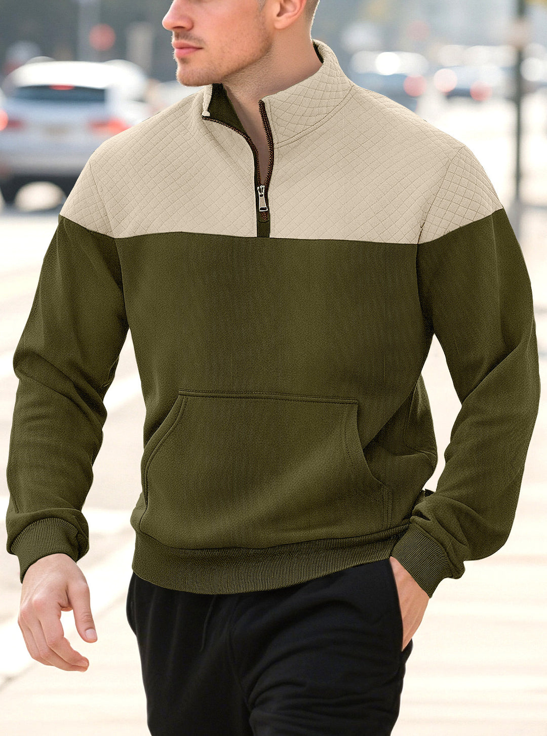 Men's half-zip sweatshirt with quilted shoulder area, kangaroo pocket, and ribbed cuffs StylebySassy