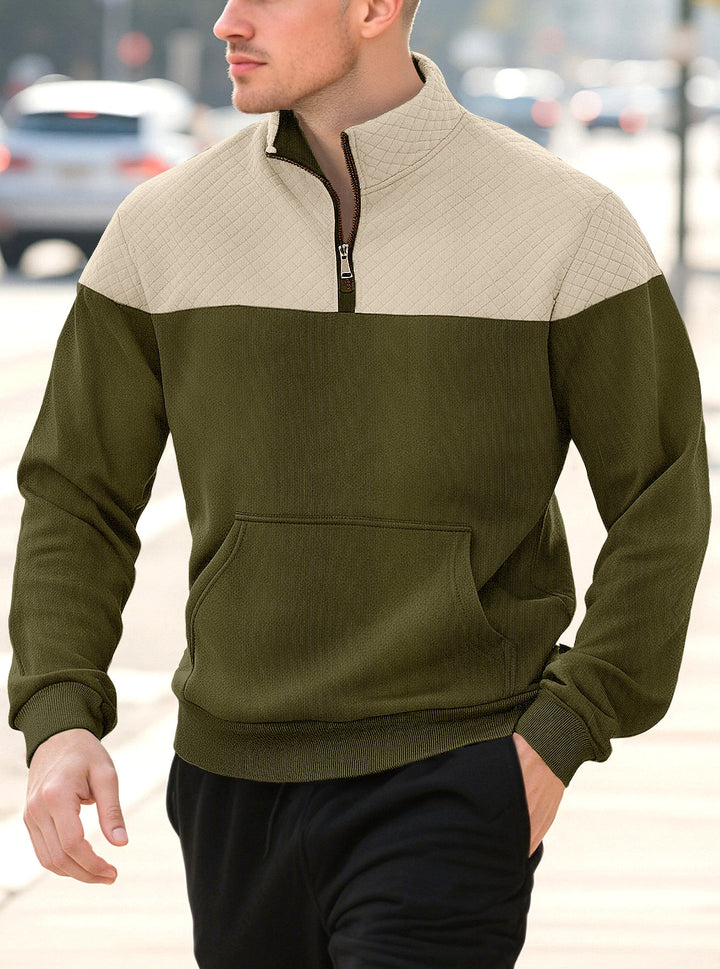 Men's half-zip sweatshirt with quilted shoulder area, kangaroo pocket, and ribbed cuffs StylebySassy