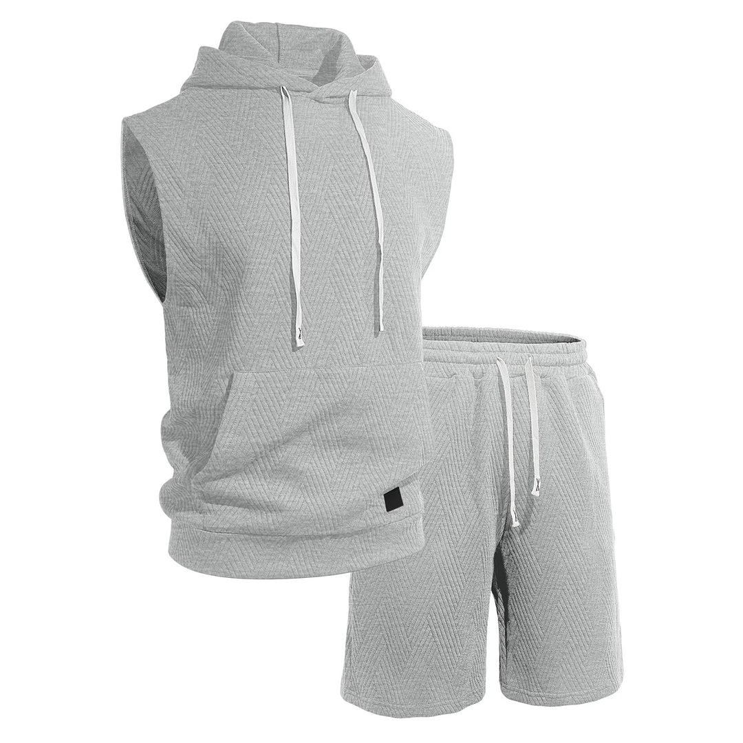 Men's sleeveless hoodie lounge set made of textured cotton blend with kangaroo pocket and elastic leisure pants StylebySassy