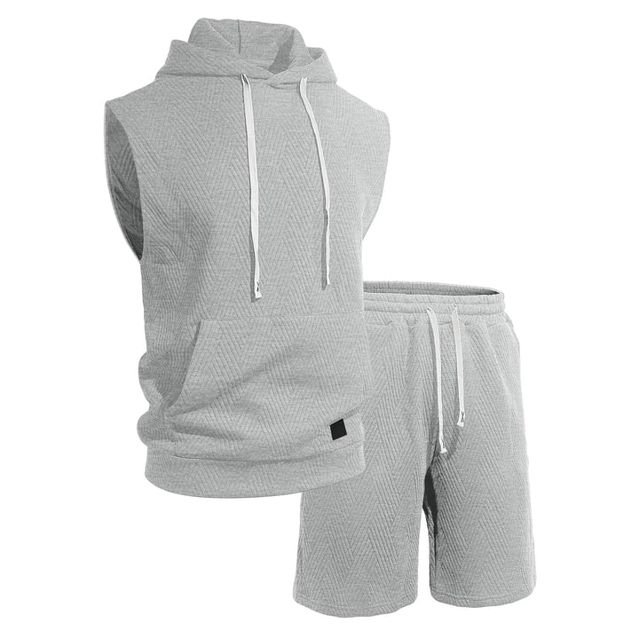 Men's sleeveless hoodie lounge set made of textured cotton blend with kangaroo pocket and elastic leisure pants StylebySassy