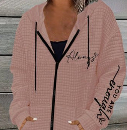 Women's oversized hooded jacket with zipper, handwritten typo application and contrast side pockets StylebySassy