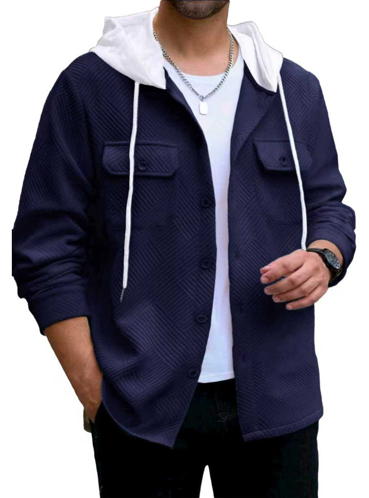 Men's structured overshirt jacket with quilted diagonal structure, contrast hood, and patch chest flaps StylebySassy