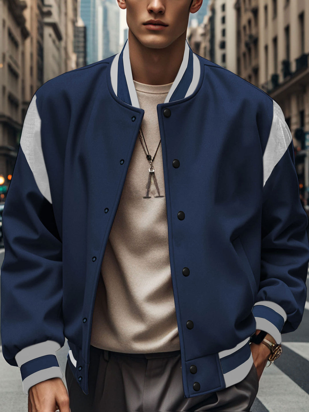 Men's lightweight college jacket in varsity look with press-stud closure, ribbed cuffs, and contrast shoulder trim StylebySassy