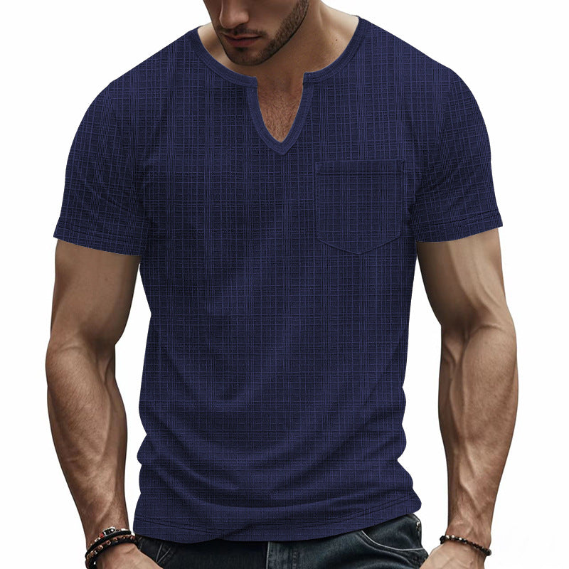 Men's short-sleeved shirt with slit V-neck structured linen look and patch chest pocket StylebySassy