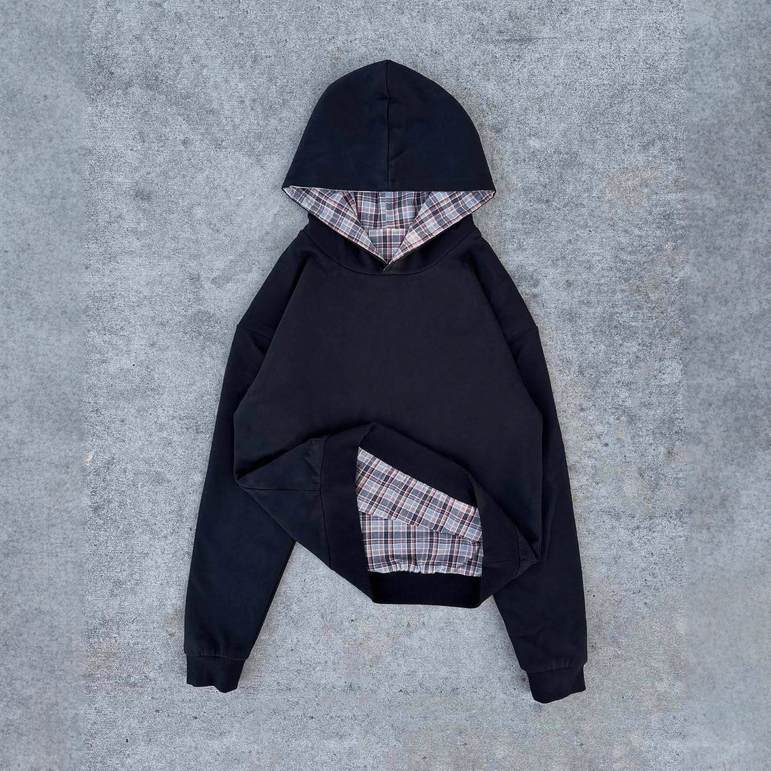 Ladies short-cut hoodie with checkered flannel lining and kangaroo pocket StylebySassy
