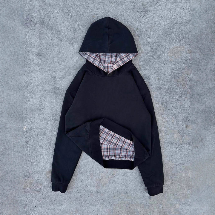 Ladies short-cut hoodie with checkered flannel lining and kangaroo pocket StylebySassy