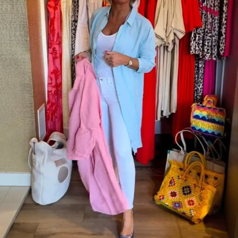 Women's open long blouse in linen mix with Kent collar, dropped shoulder and side slits StylebySassy