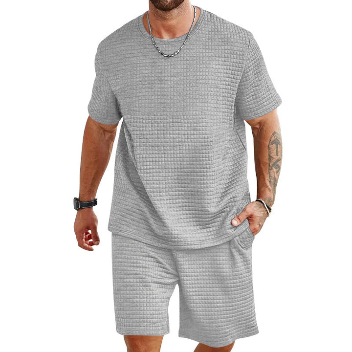 Men's light leisure two-piece set in waffle structure with round neck T-shirt and comfortable shorts StylebySassy