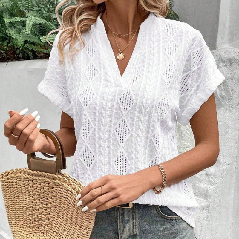 Ladies light ajour knit tunic with V-neck, diamond pattern and rolled-up sleeves StylebySassy