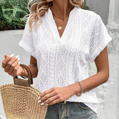 Ladies light ajour knit tunic with V-neck, diamond pattern and rolled-up sleeves StylebySassy