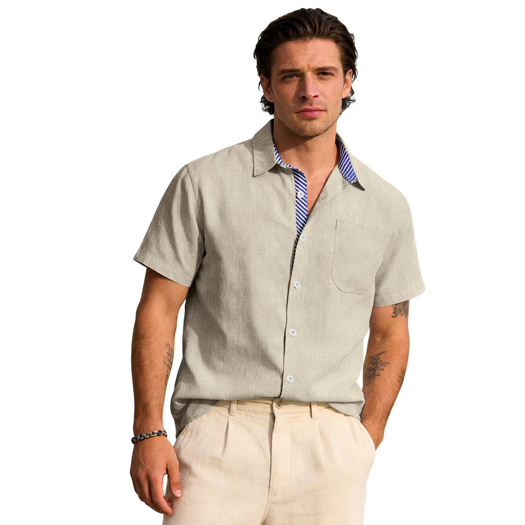 Men's Business Casual Short Sleeve Shirt with Striped Collar Lining and Chest Pocket StylebySassy