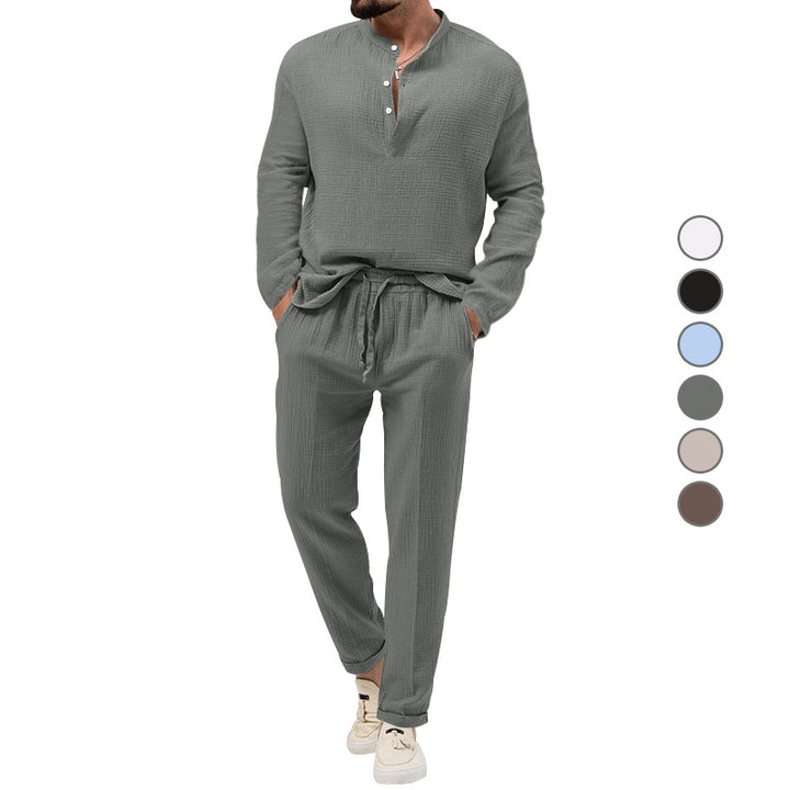 Men's muslin comfort set with semi-high collar and drawstring pants StylebySassy